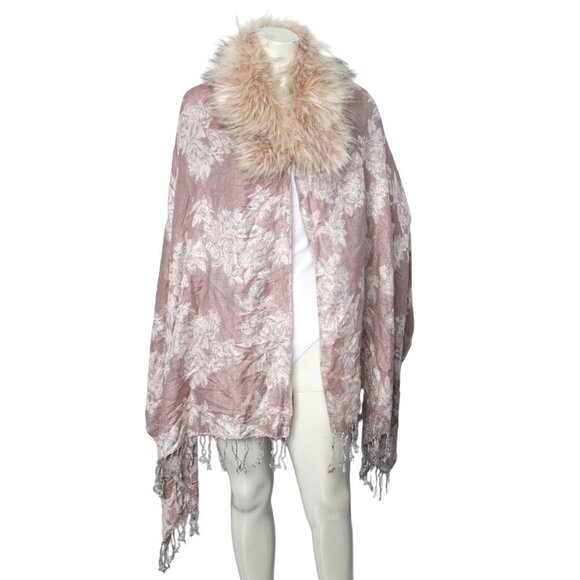 Jessica McClintock Faux Fur Collared Cape Floral Shawl Wrap Waterfall Pink Cream - Picture 2 of 12